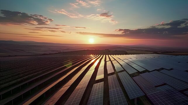 A panoramic shot of a solar farm at sunset, with rows of solar panels stretching towards the horizon