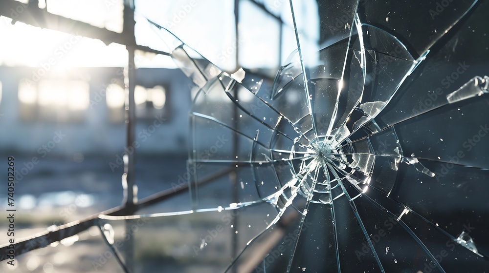 Aufkleber detail of broken window looking outside of an empty industrial building : generative ai