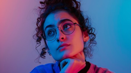 Portrait of beautiful casually dressed young woman in round glasses having doubtful expression looking away in indecisiveness holding her chin trying to find best solution Body languag : Generative AI