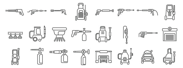 High pressure washer icons set outline vector. Car wash foam. Water soap cleaning - obrazy, fototapety, plakaty