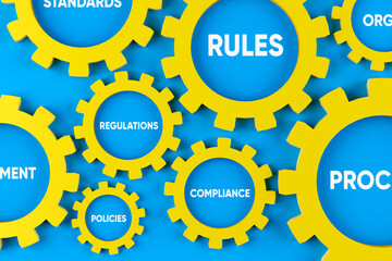 Core values, processes and coordination for business success. Cogwheels with business concepts.