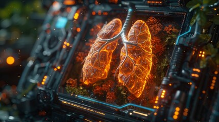 Lungs with an advanced respiratory support system showing oxygen exchange efficiency on a holographic display in a high tech lab