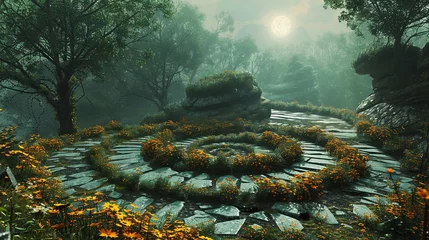 Poster A captivating forest scene at night with a full moon, featuring a stone path adorned with spiral flower patterns. © Pui