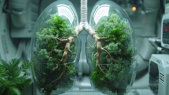 Lungs transformed into transparent biomes with tree like bronchi filtering air in a zero gravity environment