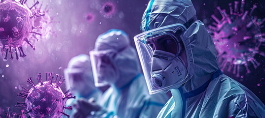 Pandemic concept, scientists in protective masks diligently explore the intricate nature of novel viruses, working towards safeguarding public health. 