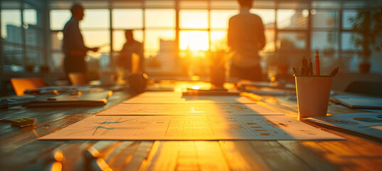 Real estate brokers and company presidents convene business meetings to choose a design for the construction of a residential development. blueprints in the foreground. Silouettes of people at sunset