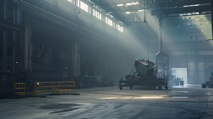Industrial interior, large hangar workshop in metallurgical plant foundry. Heavy industry background : Generative AI - obrazy, fototapety, plakaty