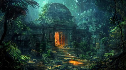 Sunlight filters through the dense foliage of a jungle, illuminating the ruins of an ancient temple with a mystical aura.