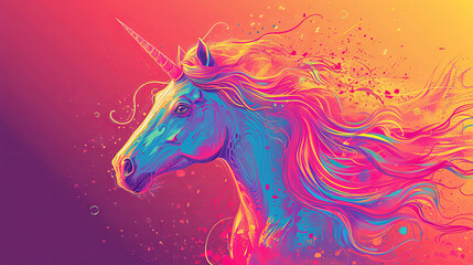 Portrait of unicorn with a single large, pointed, spiraling horn projecting from its forehead, bright background