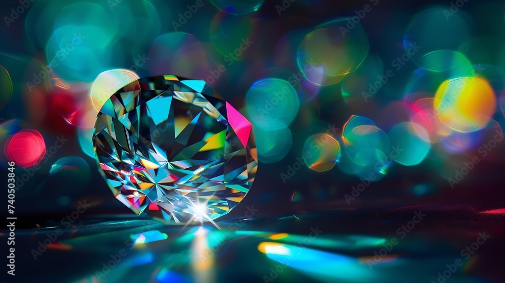 Poster lens flare abstract bokeh lights leaking reflection of a glass round diamond crystal jewelry defocus