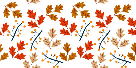 Obraz premium Autumn seamless pattern with different leaves and plants Nature Plant leaf Vector seamless. leaf pattern Seamless pattern hand-drawn with tropical leaves. floral seamless pattern