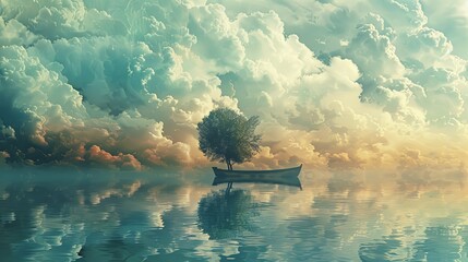 A solitary tree grows from a boat on a calm water surface, reflecting a dramatic cloudscape with golden sunlight. - obrazy, fototapety, plakaty