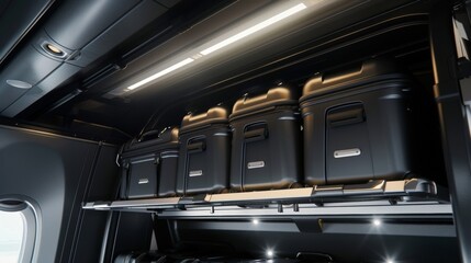 The overhead compartment with its open doors revealing a sea of identical black suitcases giving the impression of a sleek and uniform travel experience.