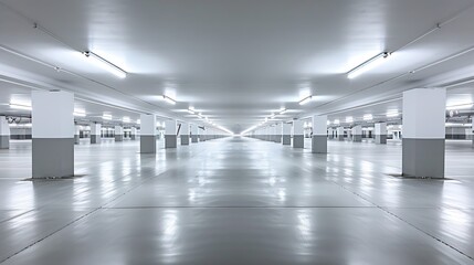 Empty shopping mall underground parking lot or garage interior with concrete stripe painted columns : Generative AI