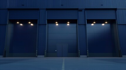 Facade of a modern navy blue warehouse : Generative AI