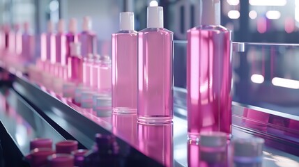Production line of beauty and healthcare products at plant or factory Process of manufacturing and packaging cosmetics goods Glass or plastic bottles with screw caps standing on convey : Generative AI