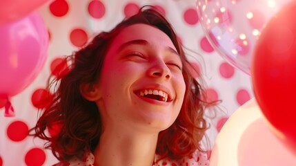 Obraz na płótnie Canvas Valentine Beauty girl with red and pink air balloons laughing on pink polka dots background Beautiful Happy Young woman holiday party Joyful model posing having fun celebrating Valenti : Generative AI