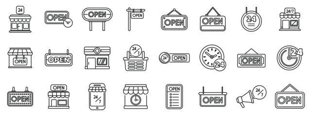 Shop opening hours icons set outline vector. Store time sign. Open mall changed