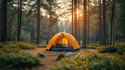 Camping picnic tent campground in outdoor hiking forest - obrazy, fototapety, plakaty