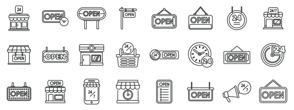 Shop opening hours icons set outline vector. Store time sign. Open mall changed