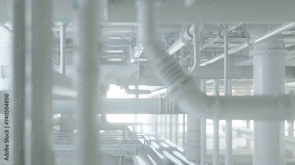 Poster tangled web of metal pipes and beams indoors for industrial area with white poles and background wal