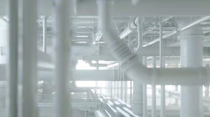 Tangled web of metal pipes and beams indoors for industrial area with white poles and background walls inside. Inside architecture of buildng or ship for support and integrity. : Generative AI - Powered by Adobe