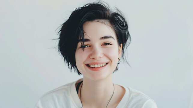 Portrait of cheerful beautiful woman with trendy hairdo having dark charming eyes and engaging smile posing in studio over white background People happiness emotions and lifestyle conc : Generative AI