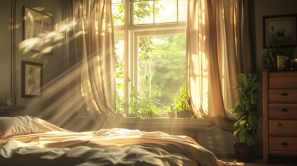 A bedroom with a bed and a large window, sunlight streams through the expansive window, casting warm rays across the room, a cozy bed with soft linens sits against one wall