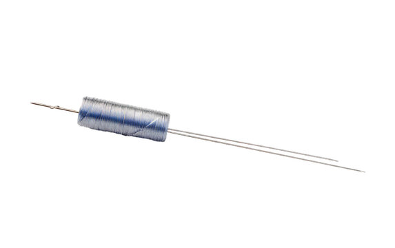 A photograph of a needle with the pointy needle tip sticking out, depicted in a straightforward and factual manner. Isolated on a Transparent Background PNG.