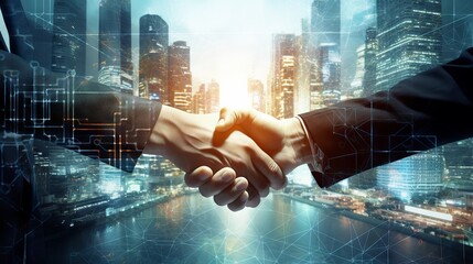 Double exposure: businessmen handshaking against office background - professional collaboration concept

