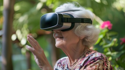 Senior woman using VR goggles, Virtual reality, apple vision 