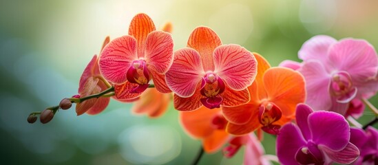 Vibrant close-up of beautiful pink and orange orchids in full bloom