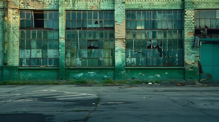 Facade of an old abandoned factory. Empty industrial area. A green brick building with large broken windows. Asphalt road and parking for cars. : Generative AI