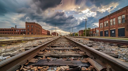 Fotobehang Epic wide angle shot of crossing elevated train tracks and vintage red brick abandoned factory in a depressed industrial urban blue collar area of St. Louis Missouri with cloudy sky : Generative AI © Generative AI