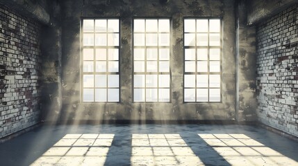 Empty, loft industrial grunge interior. Old brick walls and big windows. Interior concept background .3d Render : Generative AI