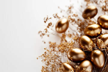 Fototapeta na wymiar flat lay of Glossy golden painted eggs, floral golden branches on white background. space for text