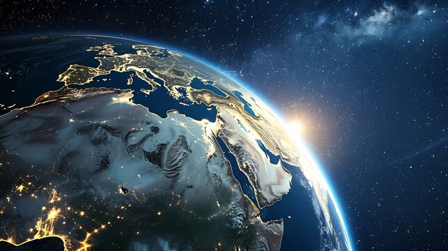 Planet earth photo at night on black background City Lights of Africa Europe and the Middle East from space World map at night HD satellite image Elements of this image  : Generative AI