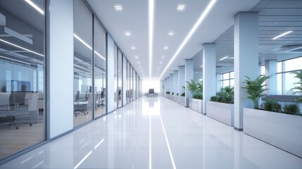 Contemporary office space: expansive corridor with blurred room background, ideal for business presentations, corporate events, and commercial projects

