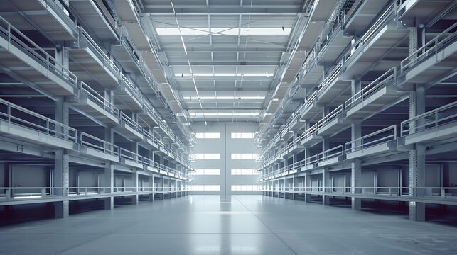 Warehouse Cantilever Racking Systems for storage Aluminum Pipe or profiles. Pallet Rack and Industrial Warehouse Racking. Steel profiles. Interior of Empty Big Huge Warehouse. : Generative AI