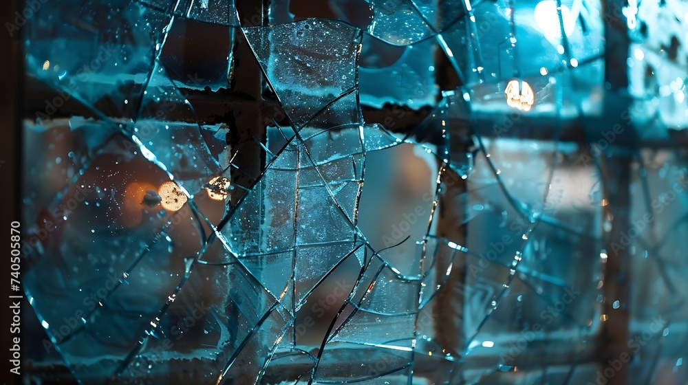 Poster detail of broken window looking outside of an empty industrial building : generative ai