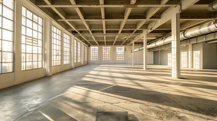 Empty industrial building with concrete floors, awaiting new coverage with large windows and white technical ceiling : Generative AI