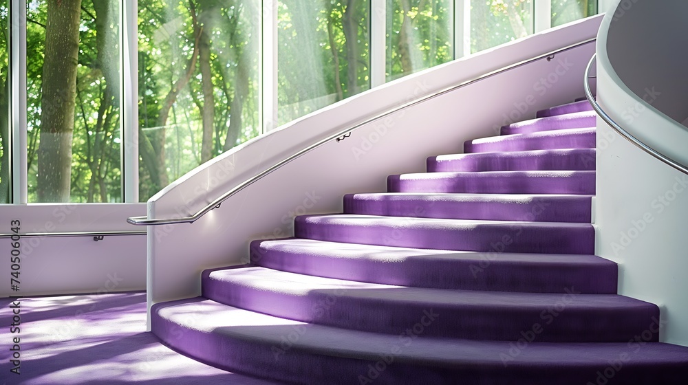 Poster interior spirat staircase indoors with purple carpet and white painted handrails inside building in 