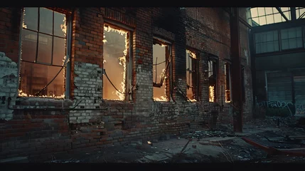  Wide view of an abandoned burned brick industrial building with flame marks coming out the windows : Generative AI © Generative AI