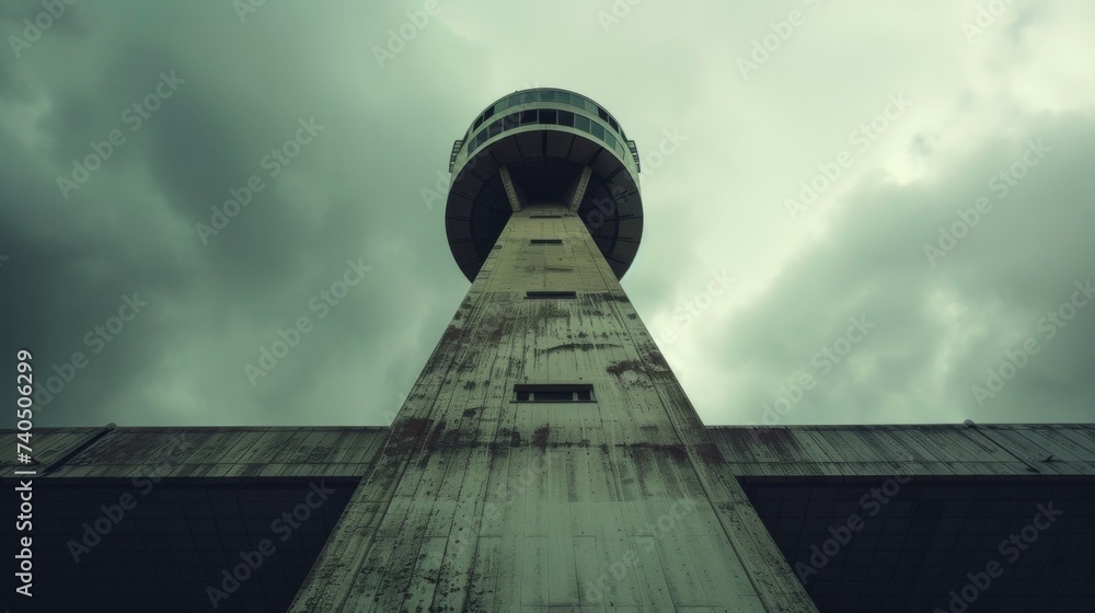Poster amidst the sea of concrete and steel a towering control tower stands out with its futuristic design.