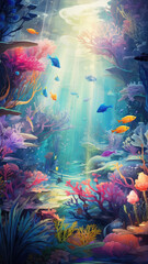Obraz na płótnie Canvas Underwater coral reef, tropical fish, vibrant sea colors, beautiful seascape, ocean beauty in 3D.