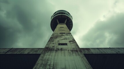 Obraz premium Amidst the sea of concrete and steel a towering control tower stands out with its futuristic design. The top floor seems to float above the rest giving controllers an unobstructed