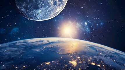 Earth and Moon in space Earth at night Moon surface with craters Planetary Moon Artemis space program Elements of this image  : Generative AI