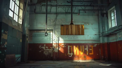Photo sur Plexiglas Vieux bâtiments abandonnés abandoned gym with cyrillic letters on the walls, hdr processing : Generative AI