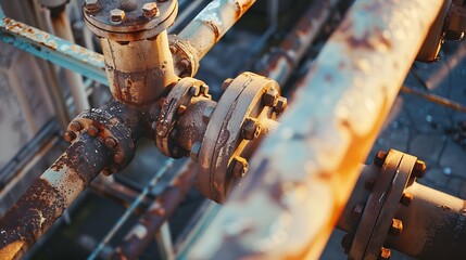 An aerial close-up of the rusting pipes of an old abandoned factory on a sunny day. : Generative AI