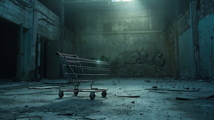 economic crisis, bankruptcy, trade crisis, abandoned shopping cart in a deserted, empty industrial area. Symbol of the suburbs of abandoned cities or cities in economic crisis. : Generative AI - obrazy, fototapety, plakaty